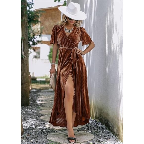 Women's Velvet V-Neck Wrap Semi-Formal Maxi Dress for Cocktail Parties - Picture 5 of 7